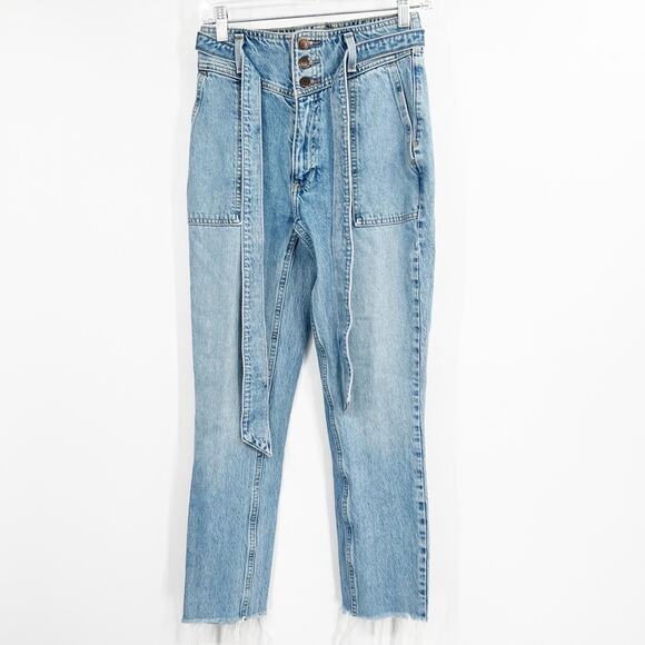 Abercrombie & Fitch High Rise Mom Jeans Raw Hem Belted - Picture 1 of 7